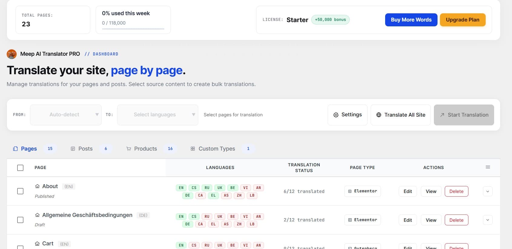 Meep AI Translator dashboard with Elementor pages and one-click translate