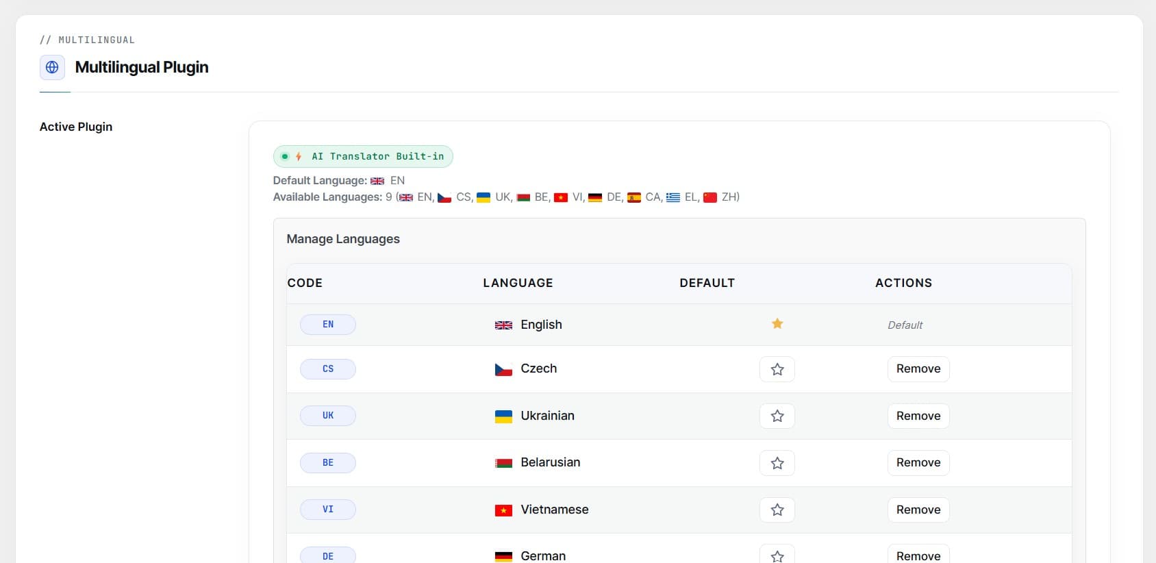 Settings hub with language routing and AI engine selection