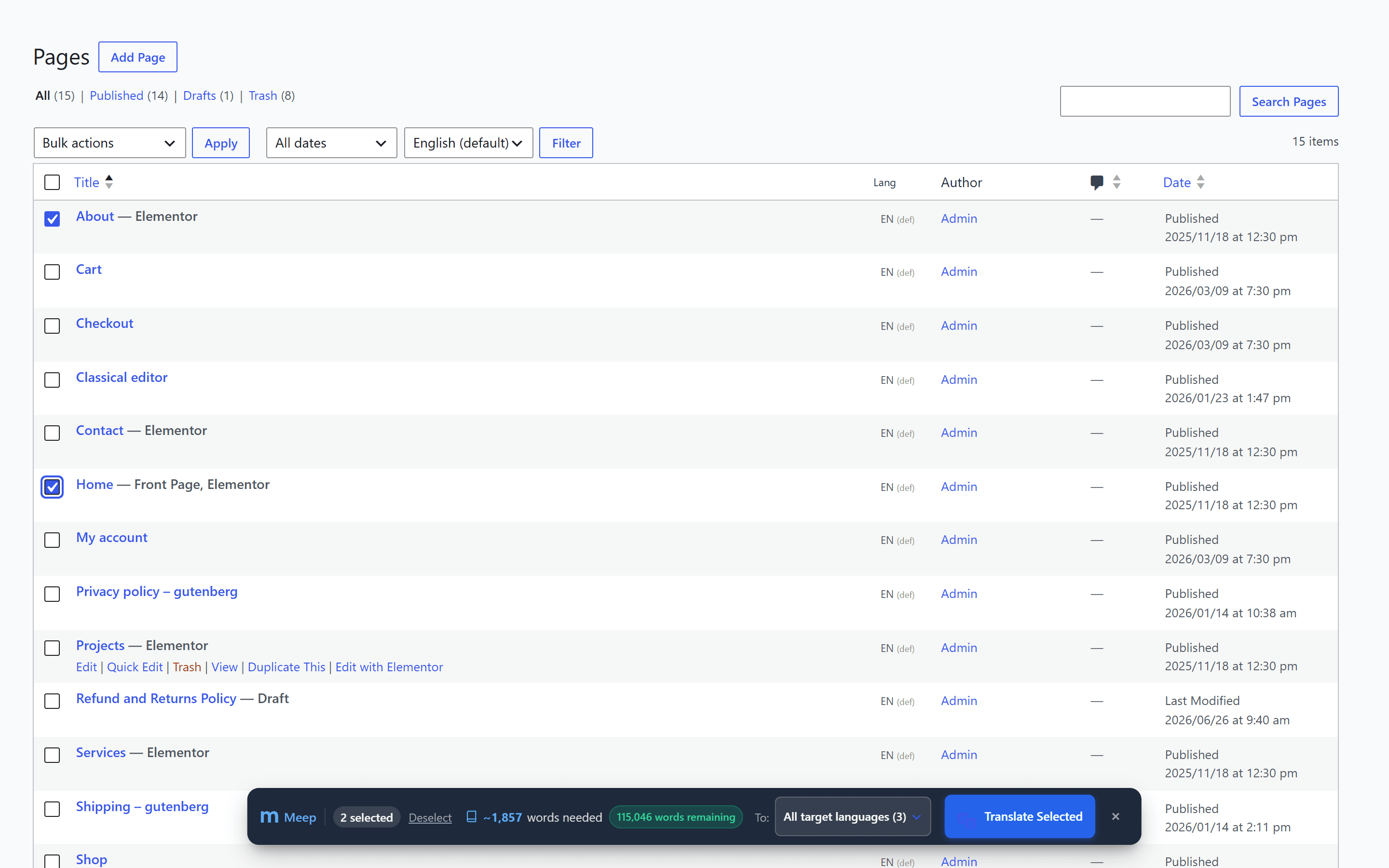Meep dynamic floating toolbar on WordPress Pages list table
